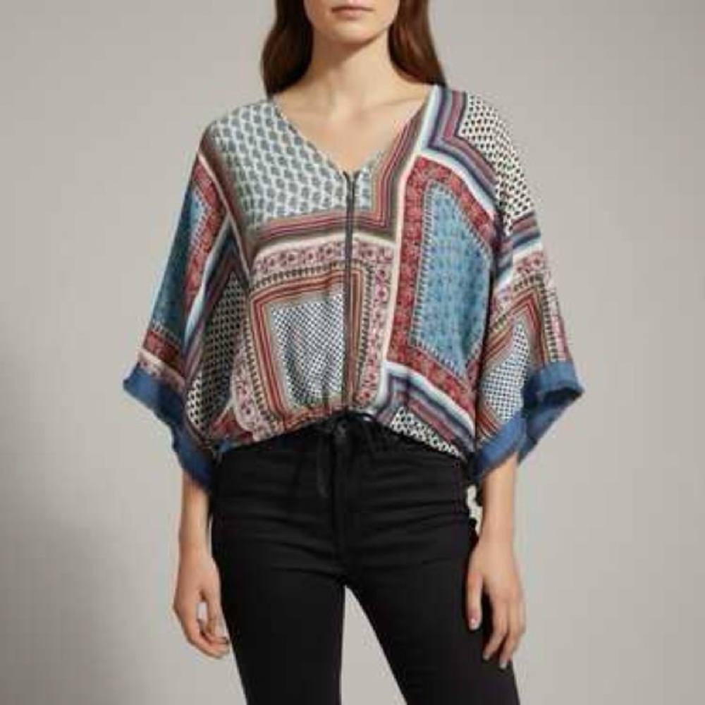 Zara Basic Bohemian Multicolor Kimono Jacket with Denim sleeve accent small - Picture 2 of 6